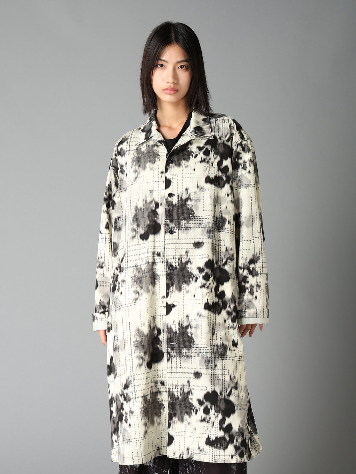 INK-WASH PRINTED LONG SHIRT WITH DECORATIVE STITCH DETAILING