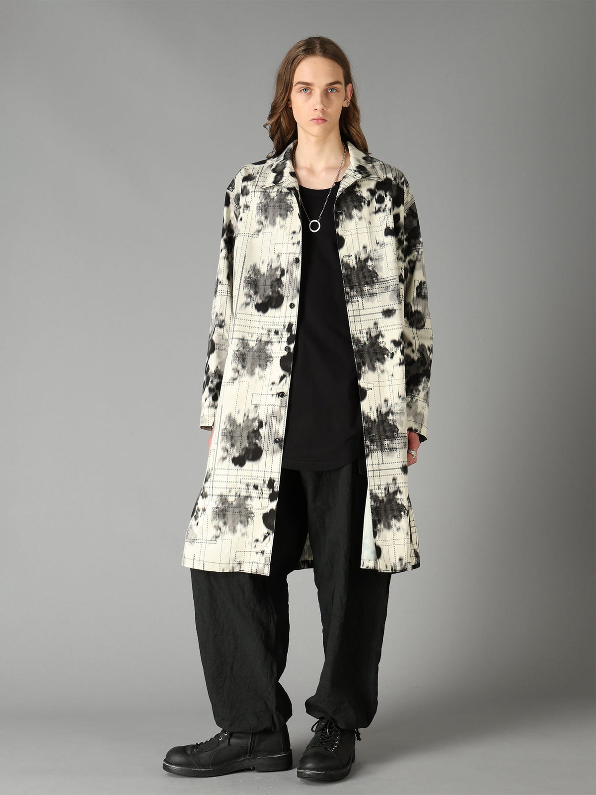 INK-WASH PRINTED LONG SHIRT WITH DECORATIVE STITCH DETAILING