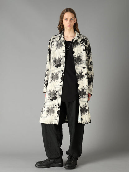 INK-WASH PRINTED LONG SHIRT WITH DECORATIVE STITCH DETAILING