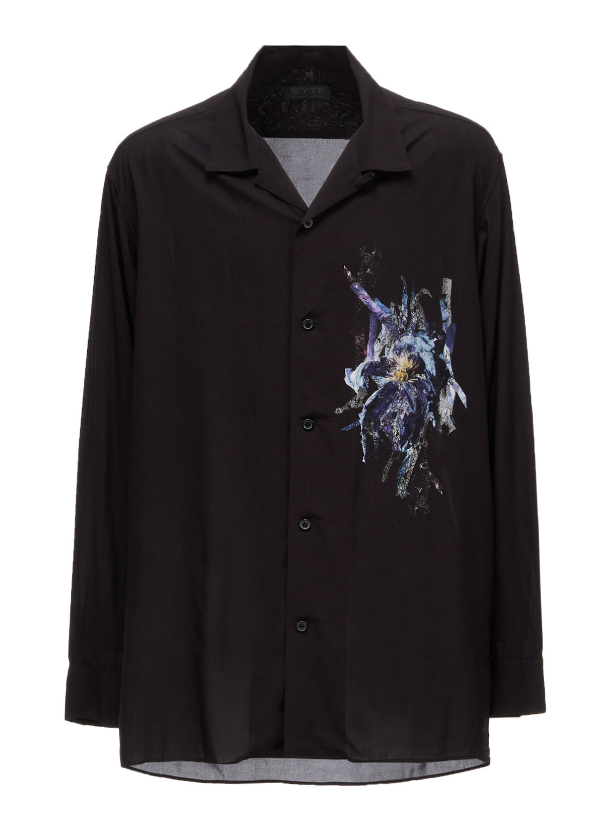 PATCHWORK FLOWER PRINT RAYON OPEN COLLAR SHIRT