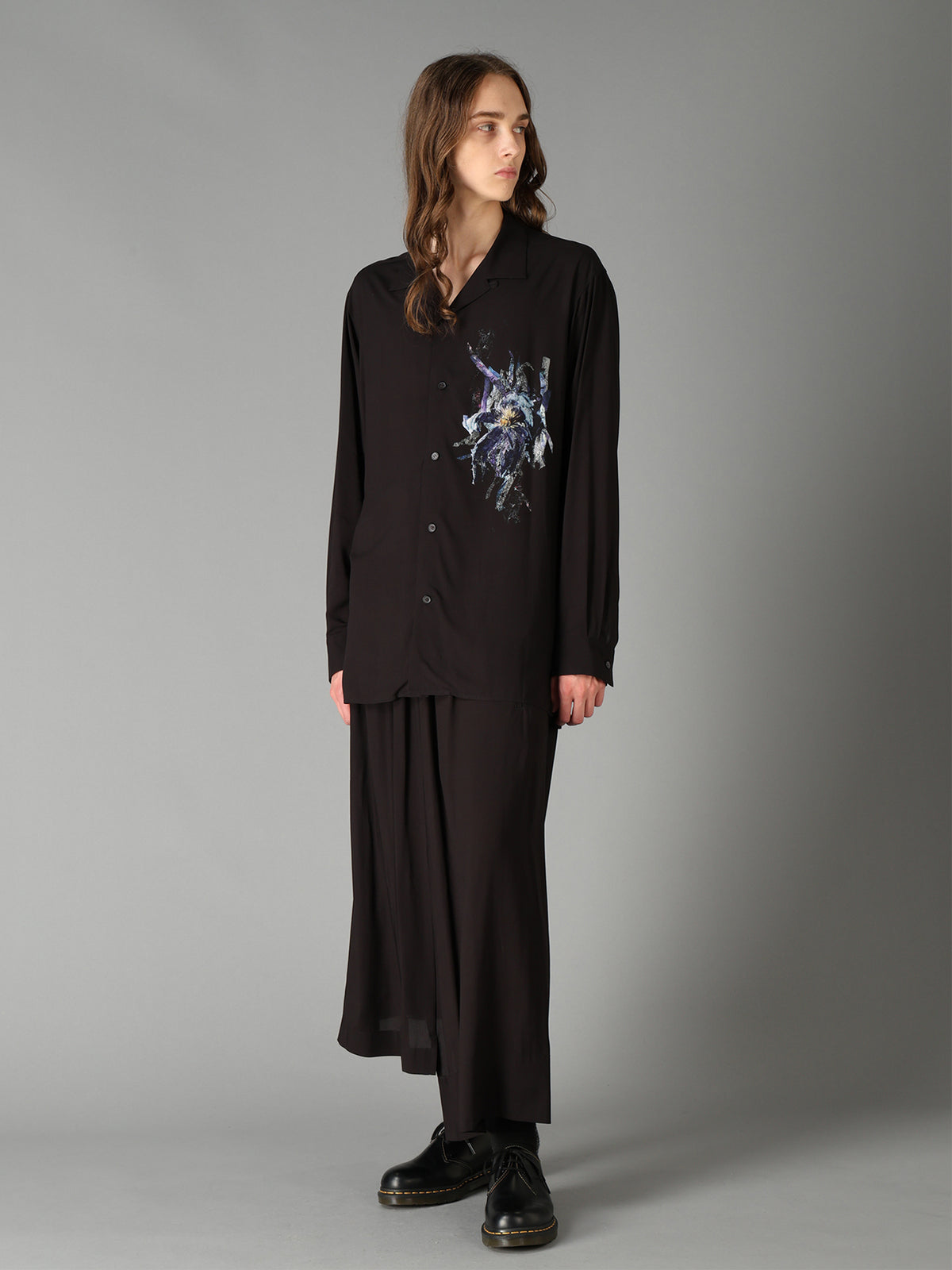 PATCHWORK FLOWER PRINT RAYON OPEN COLLAR SHIRT