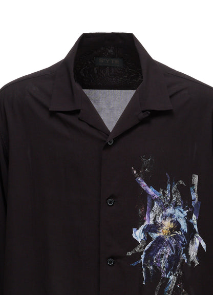 PATCHWORK FLOWER PRINT RAYON OPEN COLLAR SHIRT