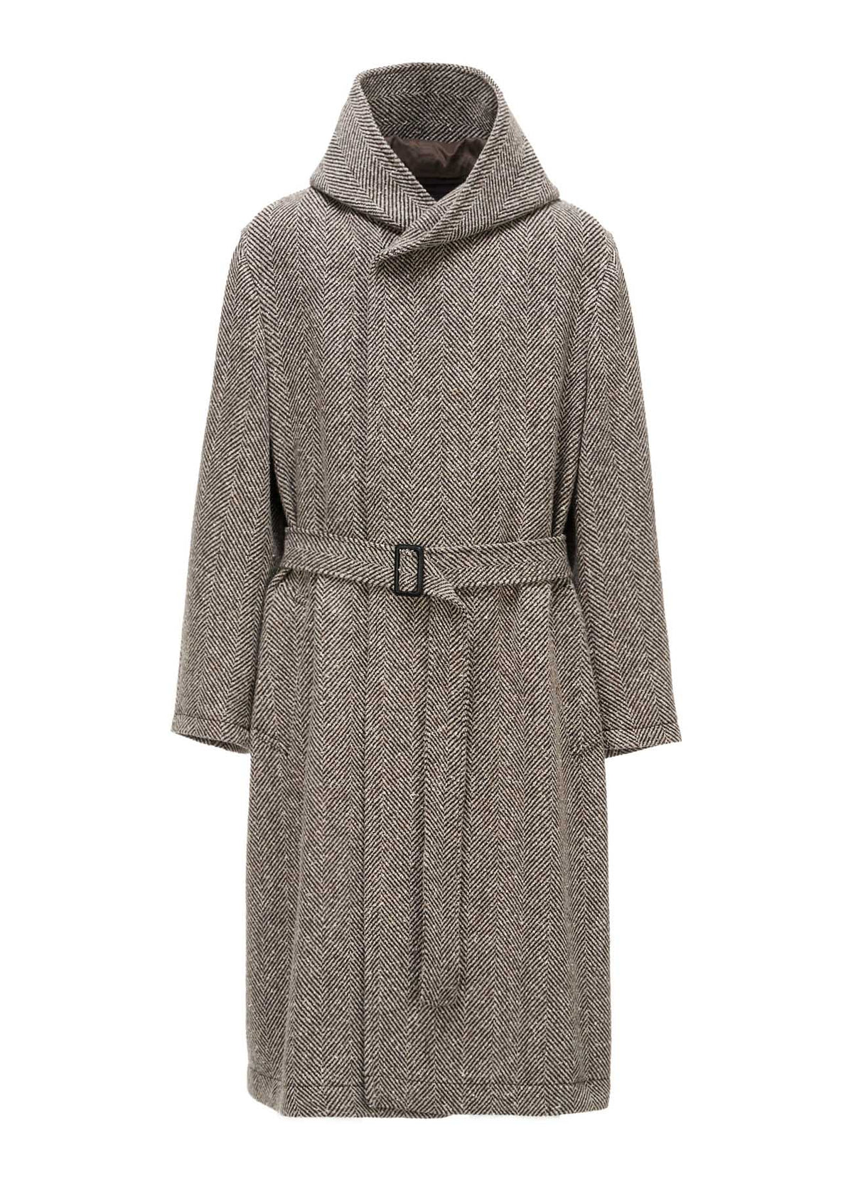 WOOL BLEND ROVING NEP HERRINGBONE HOODED COAT