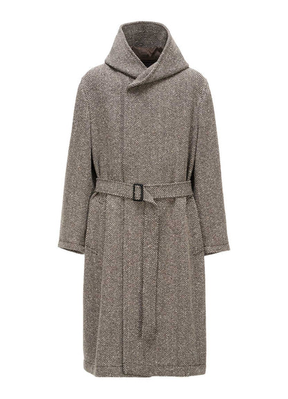 WOOL BLEND ROVING NEP HERRINGBONE HOODED COAT