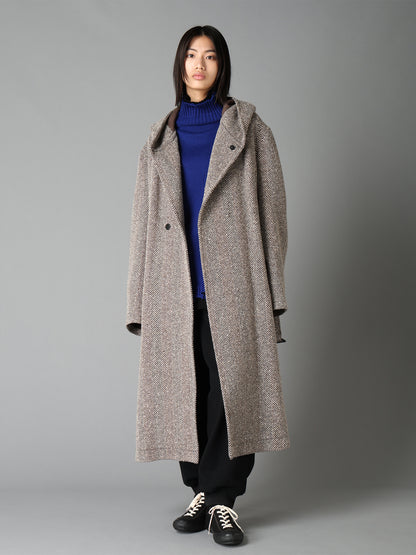 WOOL BLEND ROVING NEP HERRINGBONE HOODED COAT