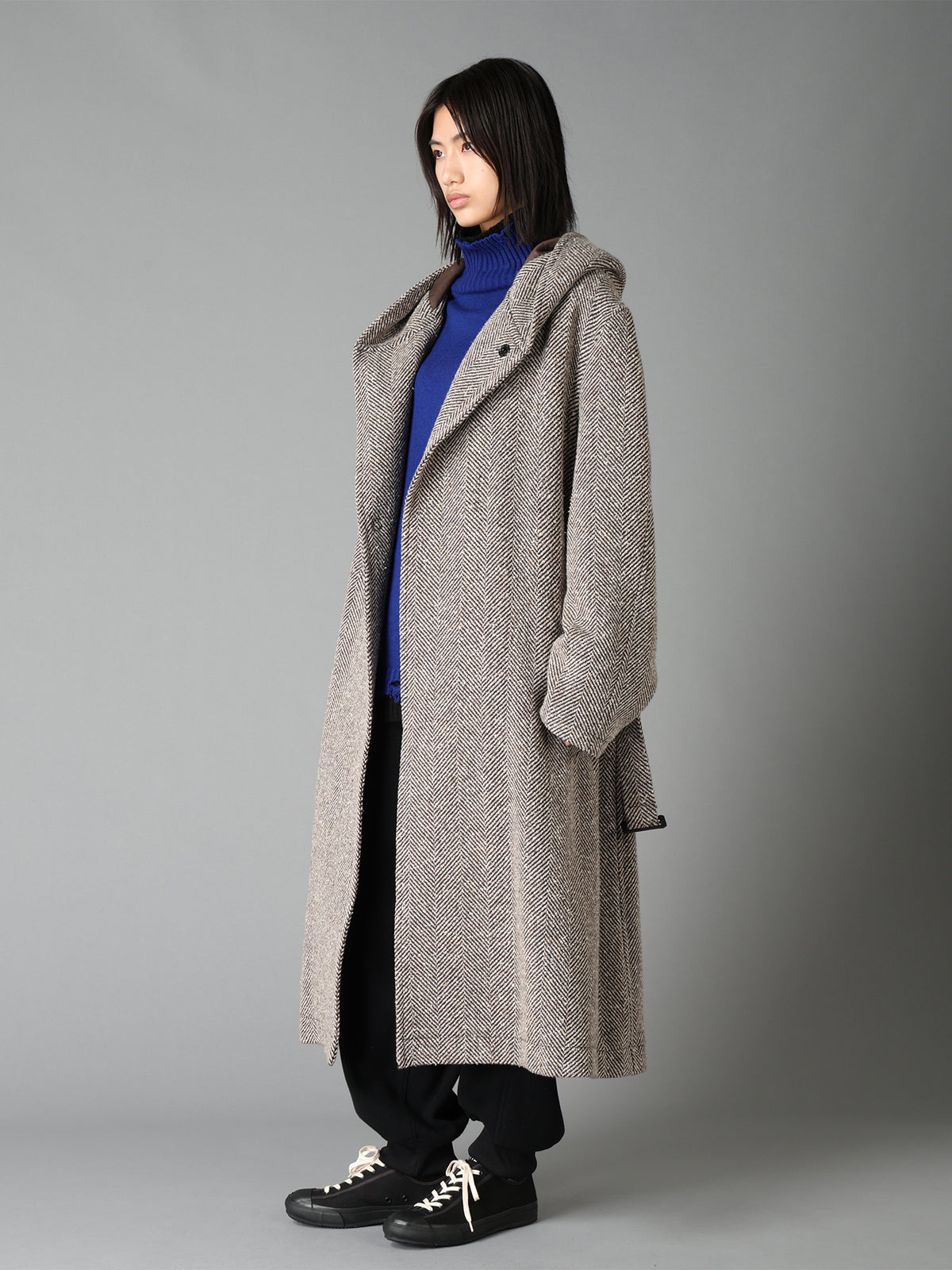 WOOL BLEND ROVING NEP HERRINGBONE HOODED COAT