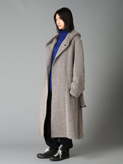 WOOL BLEND ROVING NEP HERRINGBONE HOODED COAT