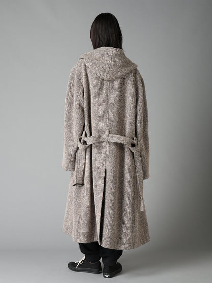 WOOL BLEND ROVING NEP HERRINGBONE HOODED COAT