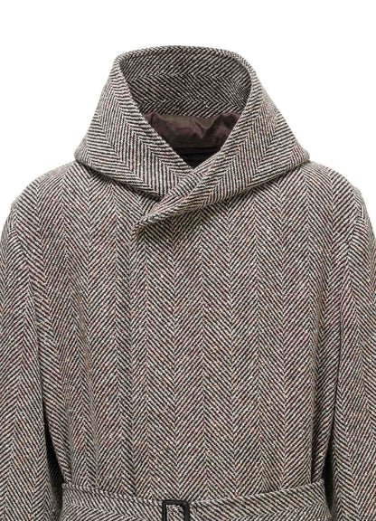 WOOL BLEND ROVING NEP HERRINGBONE HOODED COAT