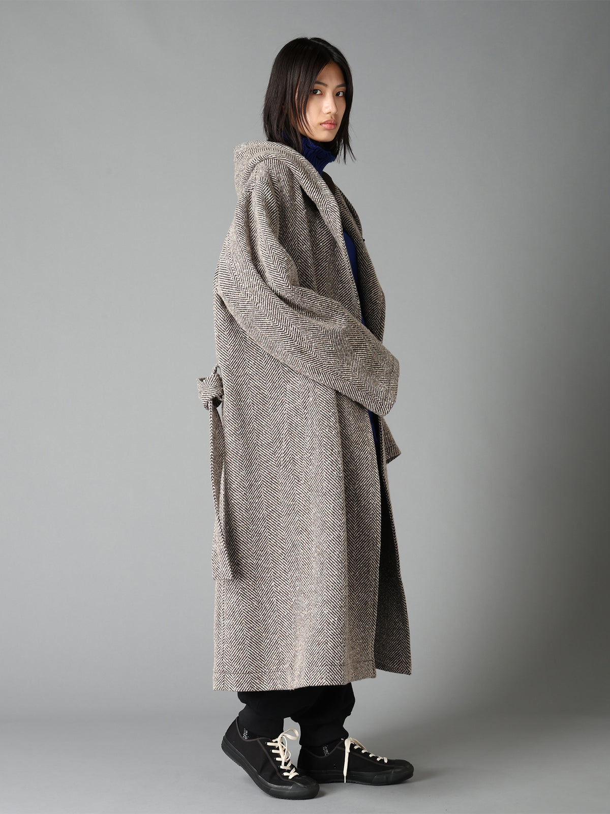 WOOL BLEND ROVING NEP HERRINGBONE HOODED COAT