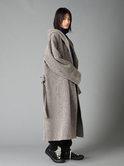 WOOL BLEND ROVING NEP HERRINGBONE HOODED COAT