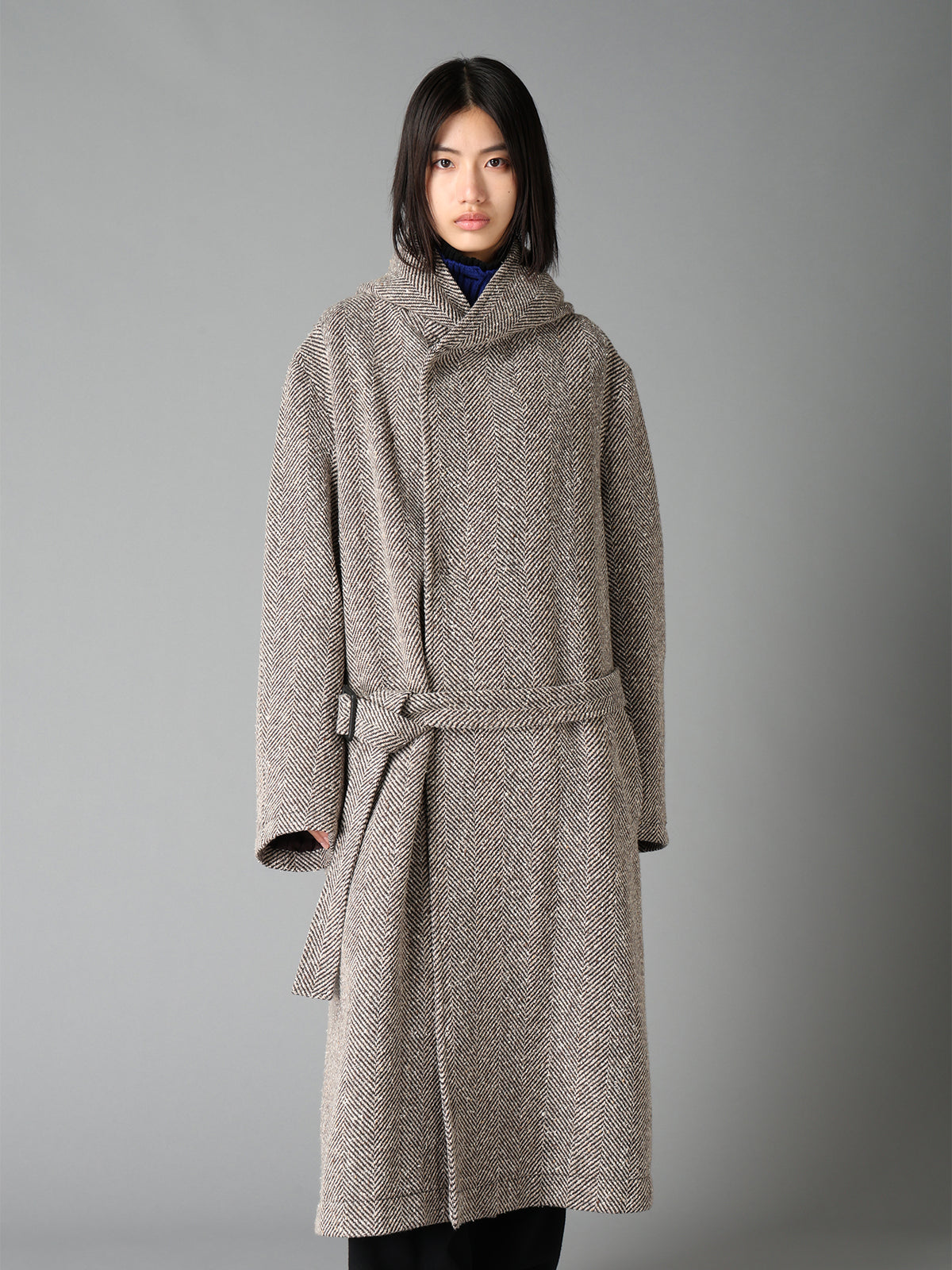 WOOL BLEND ROVING NEP HERRINGBONE HOODED COAT