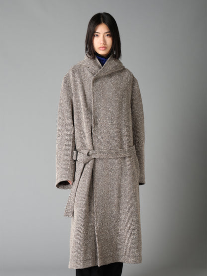 WOOL BLEND ROVING NEP HERRINGBONE HOODED COAT
