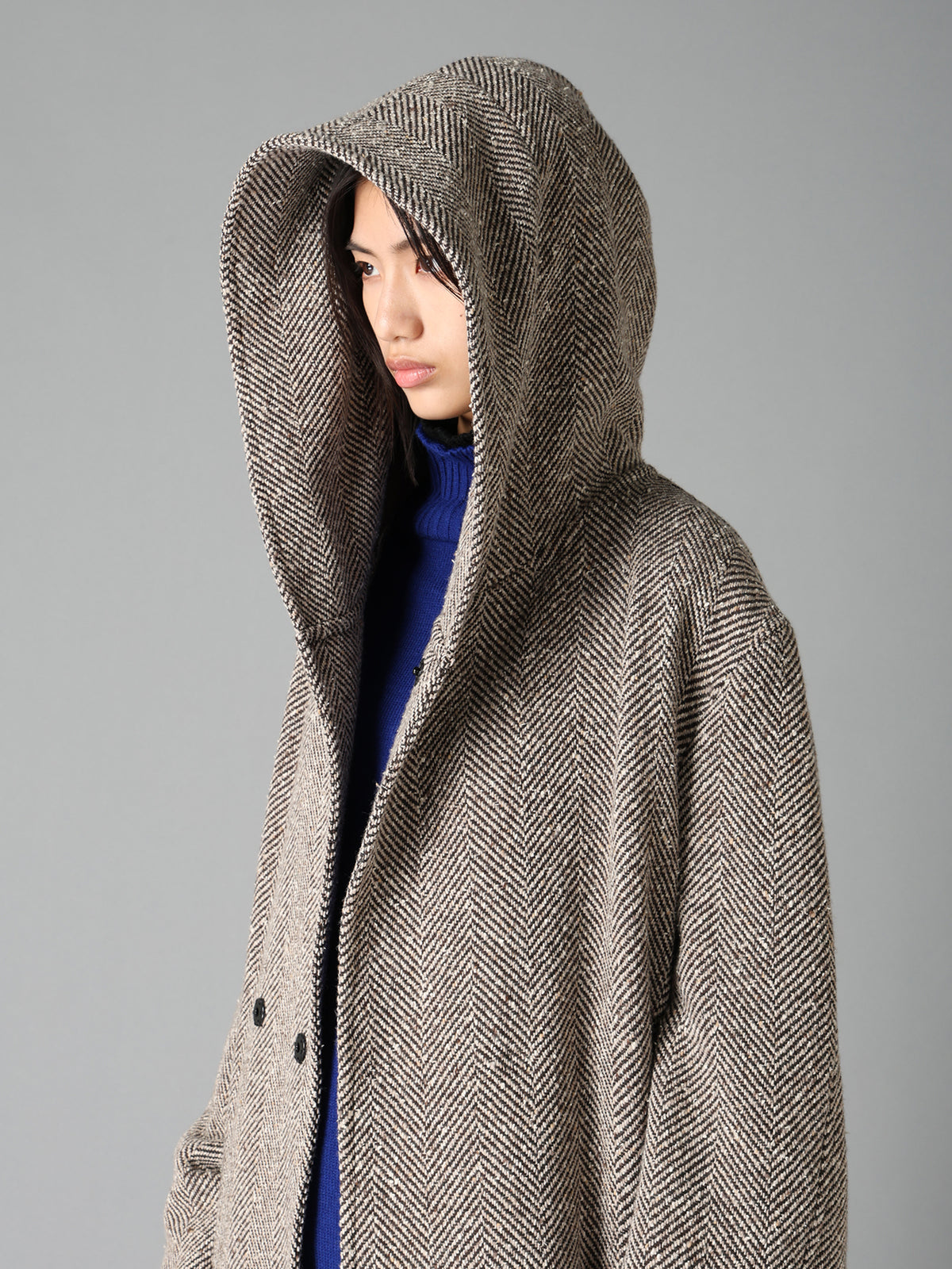 WOOL BLEND ROVING NEP HERRINGBONE HOODED COAT
