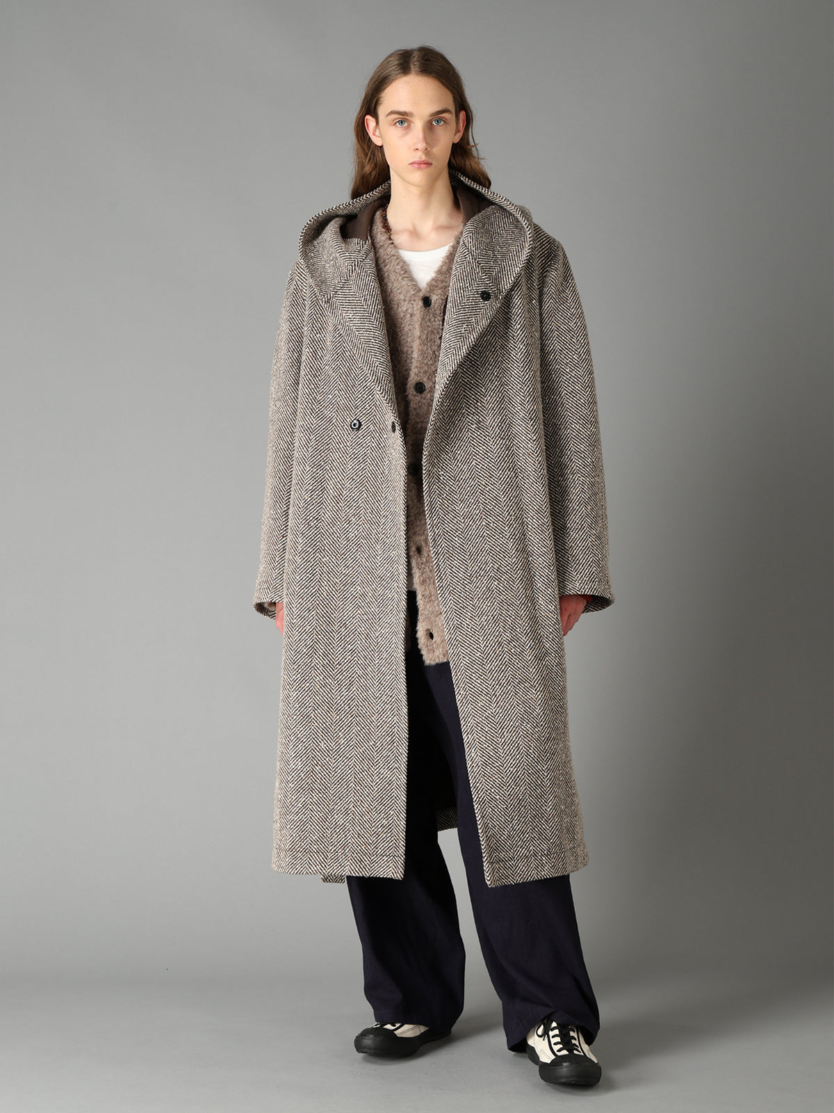 WOOL BLEND ROVING NEP HERRINGBONE HOODED COAT