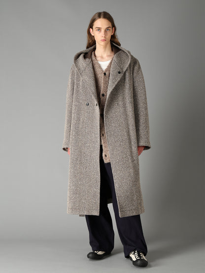 WOOL BLEND ROVING NEP HERRINGBONE HOODED COAT