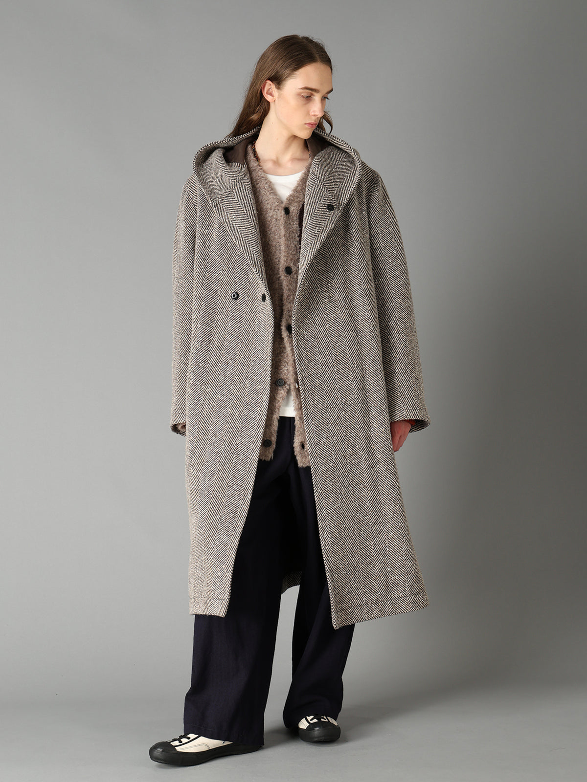 WOOL BLEND ROVING NEP HERRINGBONE HOODED COAT