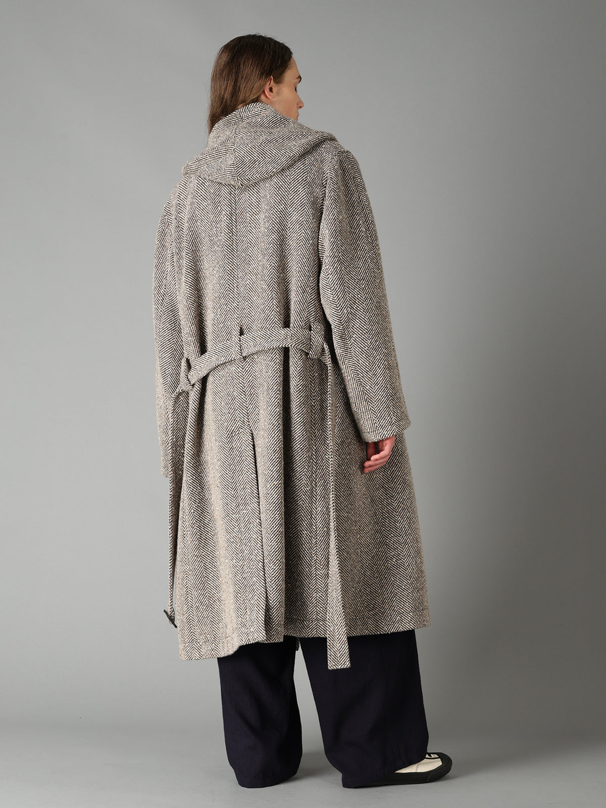 WOOL BLEND ROVING NEP HERRINGBONE HOODED COAT