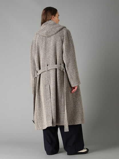 WOOL BLEND ROVING NEP HERRINGBONE HOODED COAT