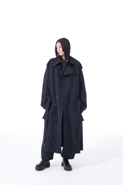 SHIWANOARU POLYESTER STRETCH TWILL BIG TRENCH CARGO POCKET COAT