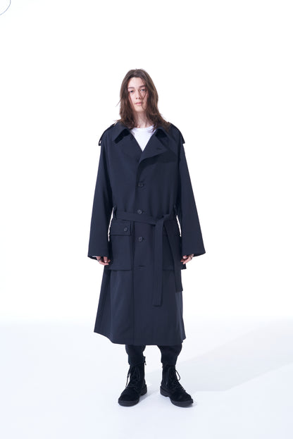 SHIWANOARU POLYESTER STRETCH TWILL BIG TRENCH CARGO POCKET COAT