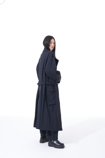 SHIWANOARU POLYESTER STRETCH TWILL BIG TRENCH CARGO POCKET COAT