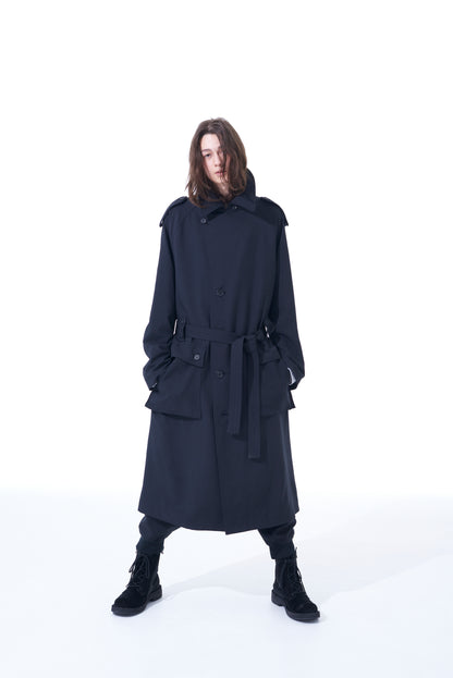 SHIWANOARU POLYESTER STRETCH TWILL BIG TRENCH CARGO POCKET COAT