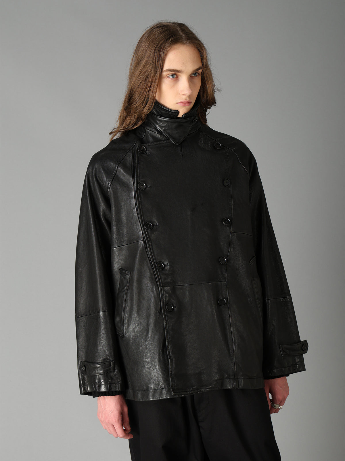 WASHED SHEEP LEATHER DOUBLE-BREASTED MOTORCYCLE JACKET