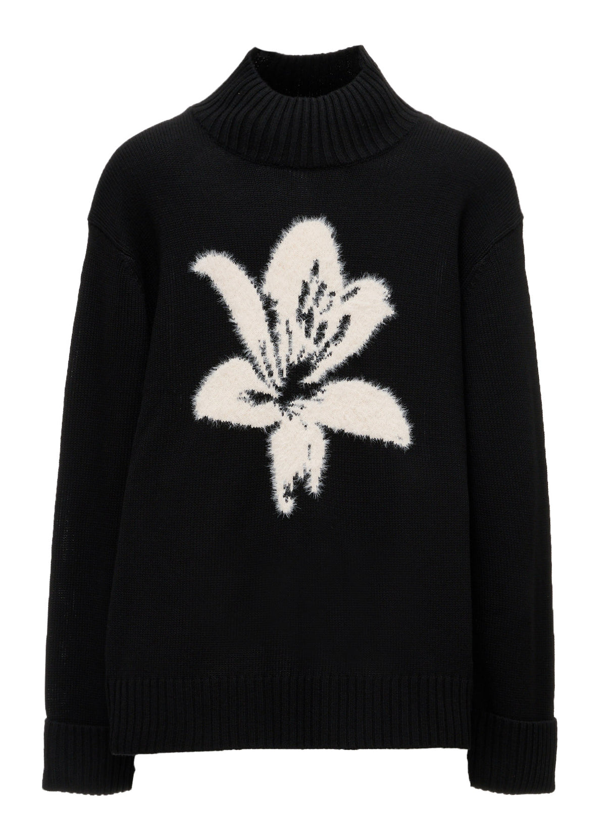 FLOCKED LILY MOTIF KNIT TURTLE NECK PULLOVER