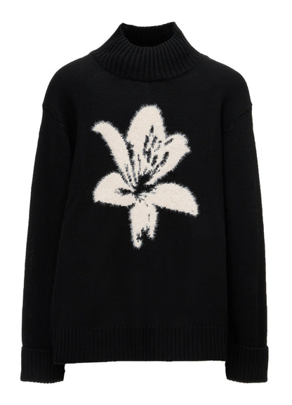 FLOCKED LILY MOTIF KNIT TURTLE NECK PULLOVER