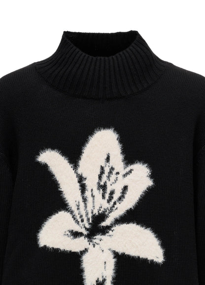 FLOCKED LILY MOTIF KNIT TURTLE NECK PULLOVER