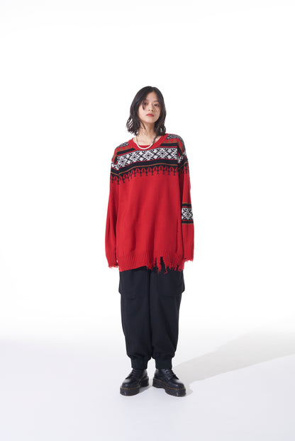 BULKY WOOL NORDIC PATTERN DAMAGED ROUND NECK KNIT