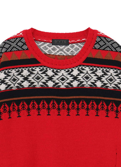 BULKY WOOL NORDIC PATTERN DAMAGED ROUND NECK KNIT