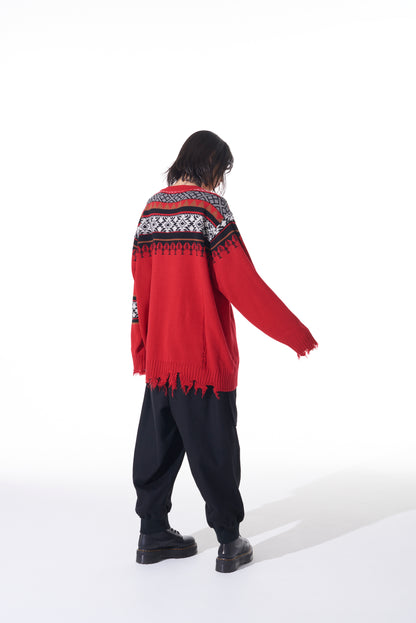 BULKY WOOL NORDIC PATTERN DAMAGED ROUND NECK KNIT