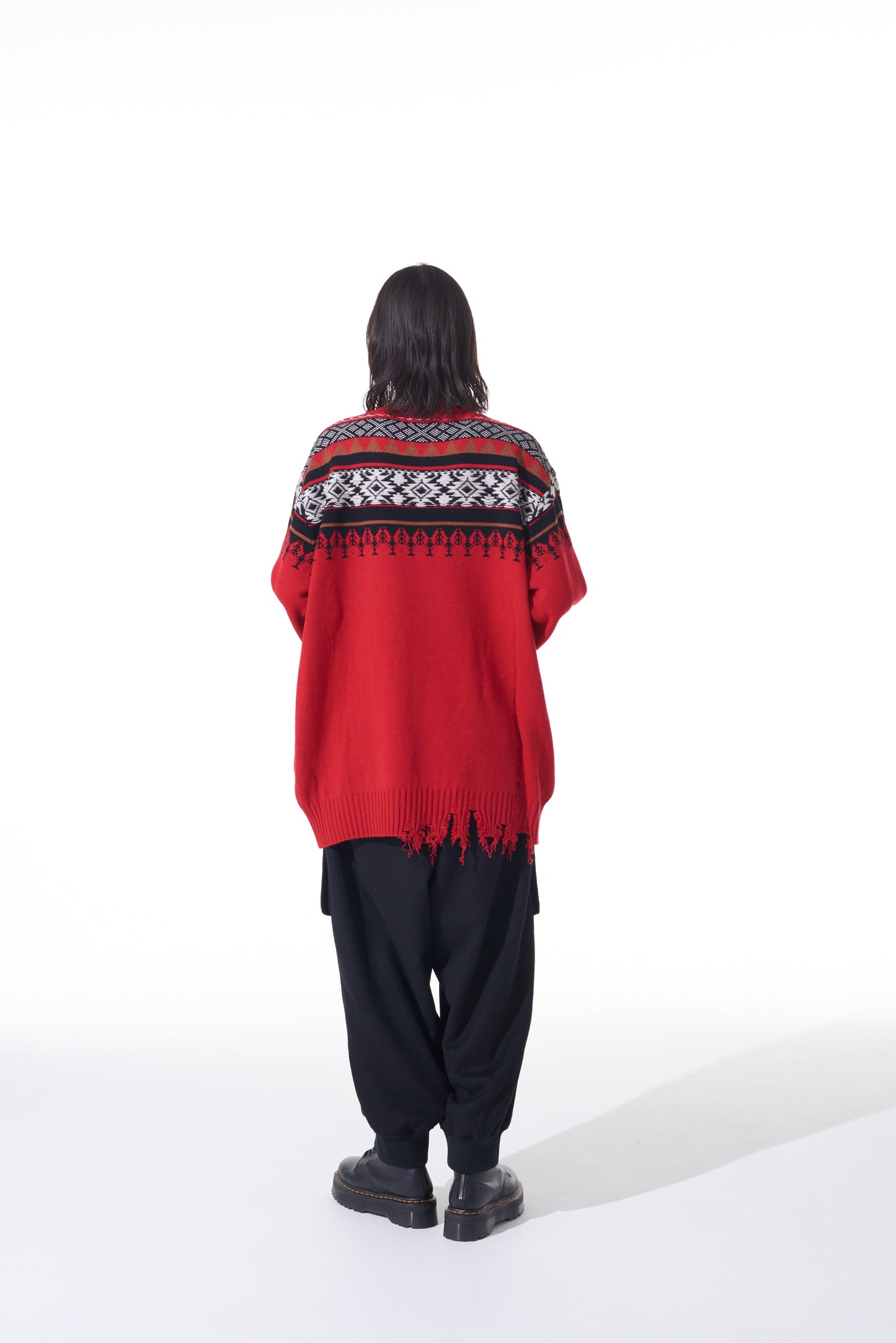 BULKY WOOL NORDIC PATTERN DAMAGED ROUND NECK KNIT