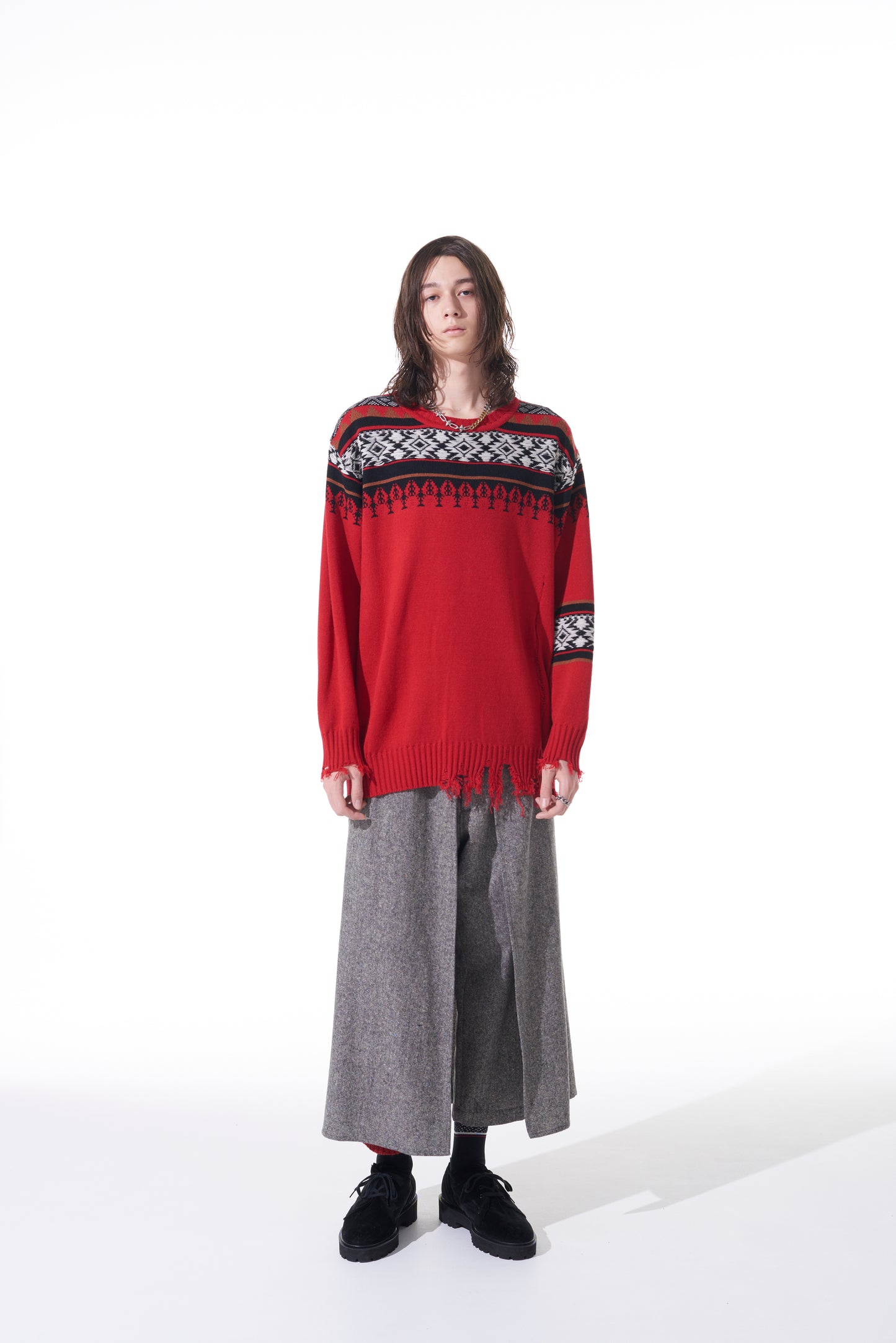 BULKY WOOL NORDIC PATTERN DAMAGED ROUND NECK KNIT