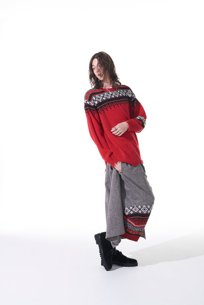 BULKY WOOL NORDIC PATTERN DAMAGED ROUND NECK KNIT