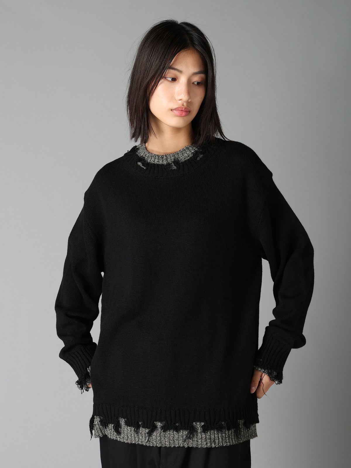 BULKY WOOL BLEND CONTRAST DAMAGED DETAIL PULLOVER