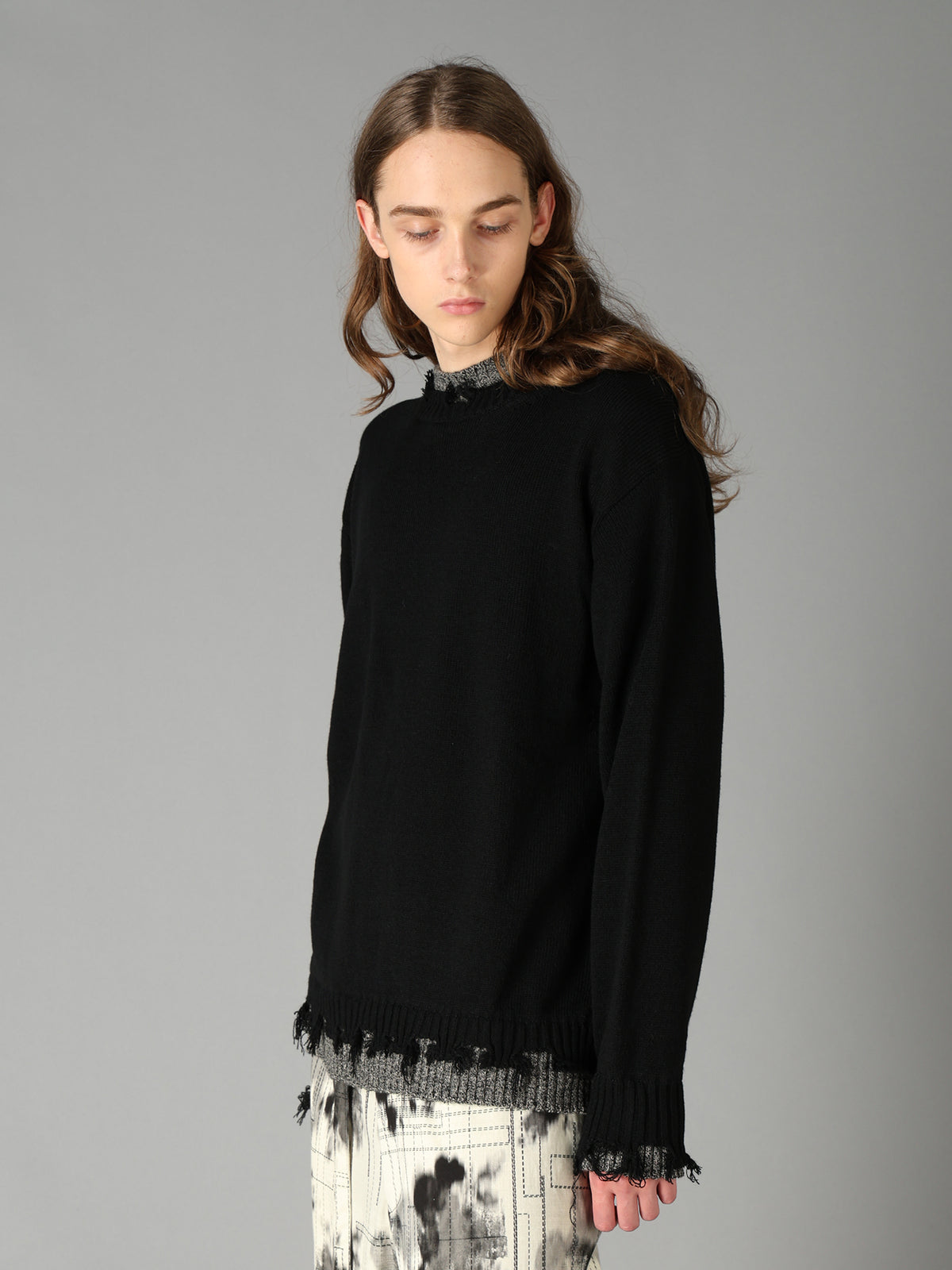 BULKY WOOL BLEND CONTRAST DAMAGED DETAIL PULLOVER