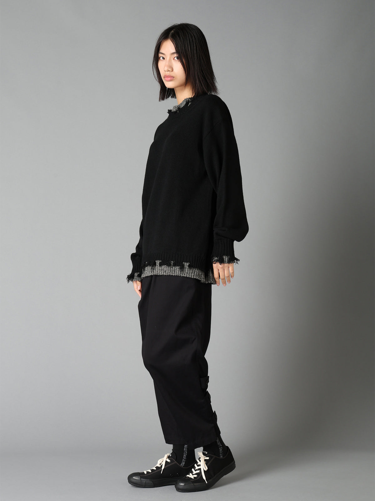 BULKY WOOL BLEND CONTRAST DAMAGED DETAIL PULLOVER