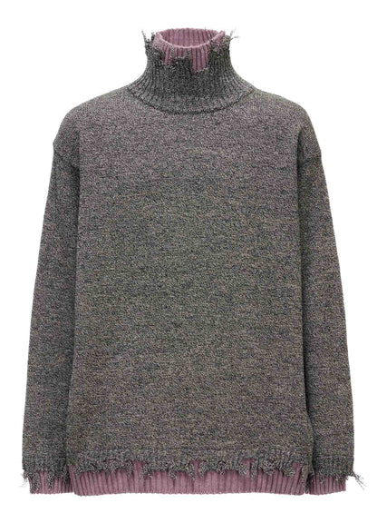 BULKY WOOL BLEND DAMAGED DETAIL TURTLE NECK PULLOVER