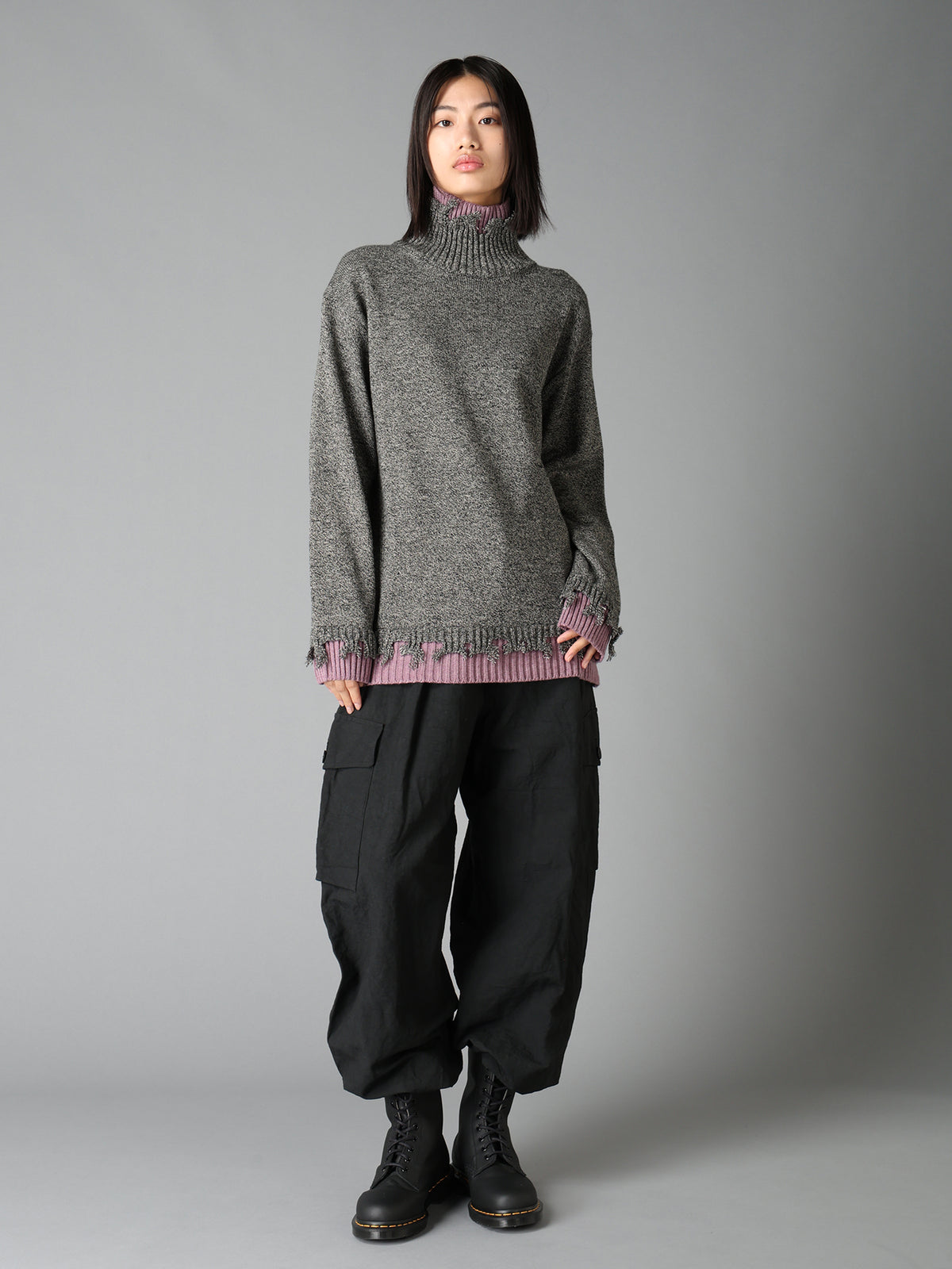BULKY WOOL BLEND DAMAGED DETAIL TURTLE NECK PULLOVER