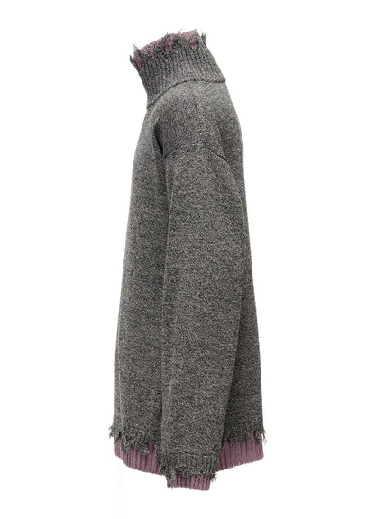 BULKY WOOL BLEND DAMAGED DETAIL TURTLE NECK PULLOVER