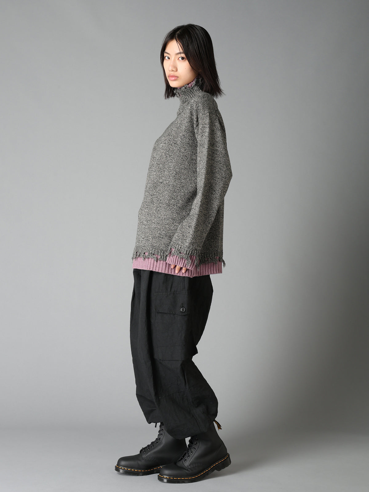 BULKY WOOL BLEND DAMAGED DETAIL TURTLE NECK PULLOVER