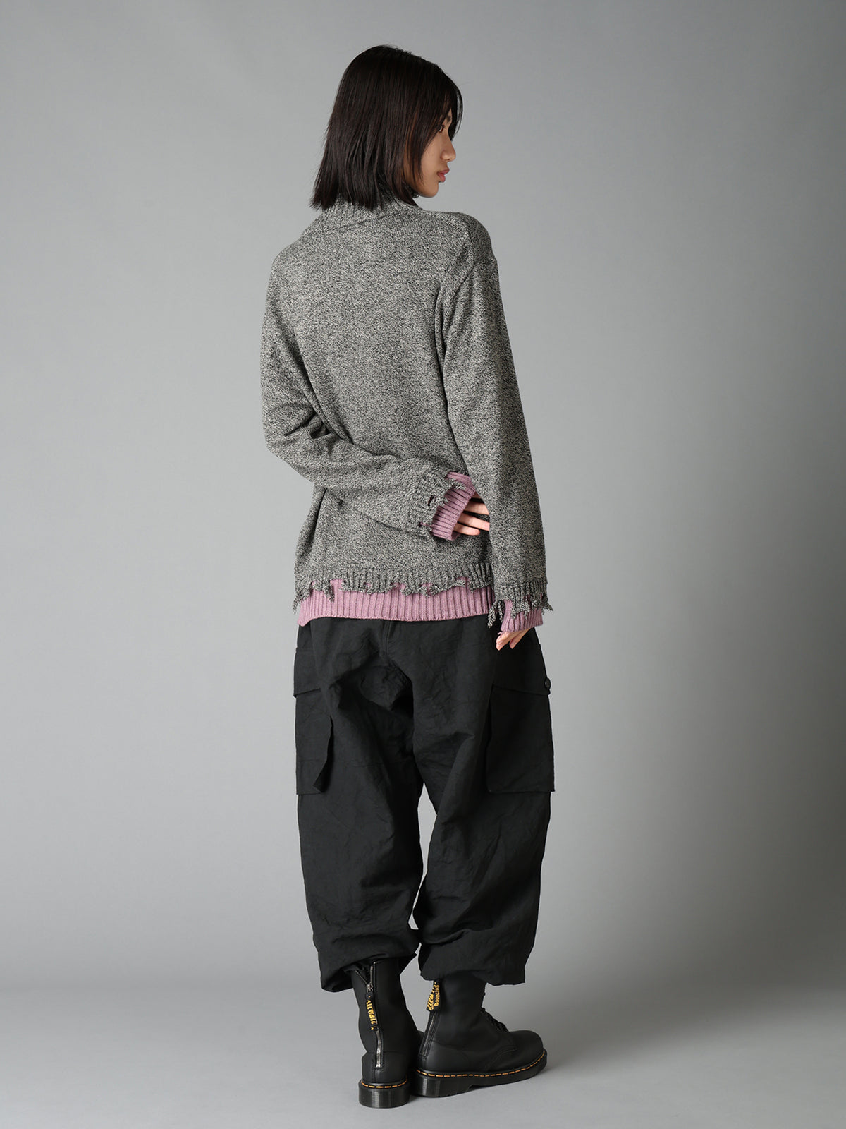 BULKY WOOL BLEND DAMAGED DETAIL TURTLE NECK PULLOVER