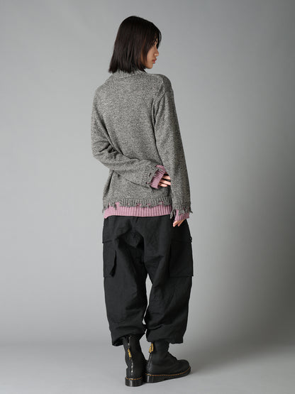 BULKY WOOL BLEND DAMAGED DETAIL TURTLE NECK PULLOVER