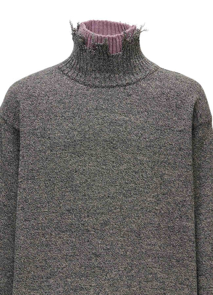 BULKY WOOL BLEND DAMAGED DETAIL TURTLE NECK PULLOVER