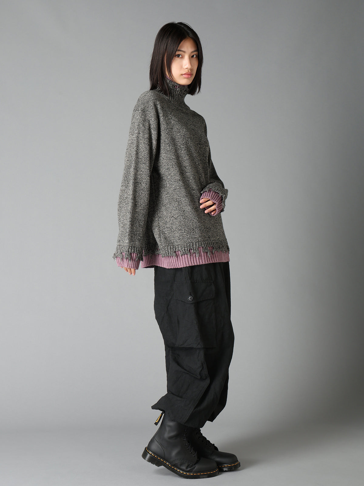 BULKY WOOL BLEND DAMAGED DETAIL TURTLE NECK PULLOVER