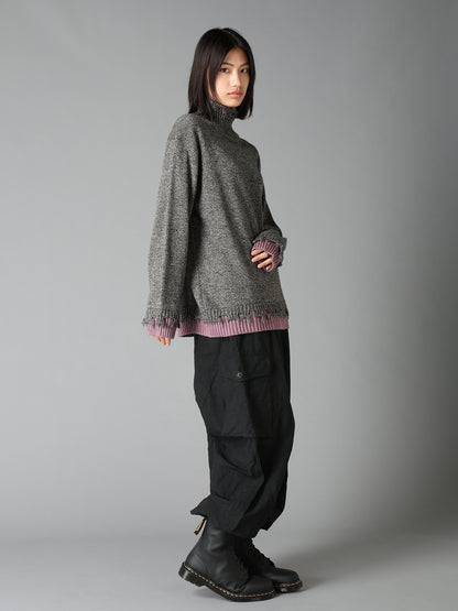 BULKY WOOL BLEND DAMAGED DETAIL TURTLE NECK PULLOVER