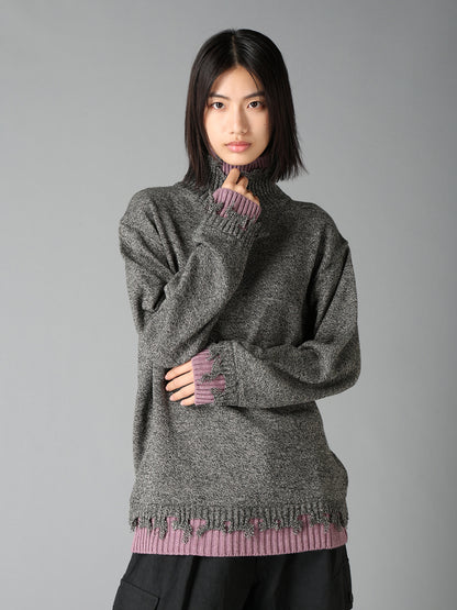 BULKY WOOL BLEND DAMAGED DETAIL TURTLE NECK PULLOVER